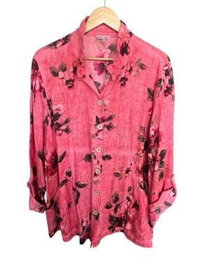 John Mark 100% Linen Coral Floral Button Front Top Size 1X Boho Coastal Resort